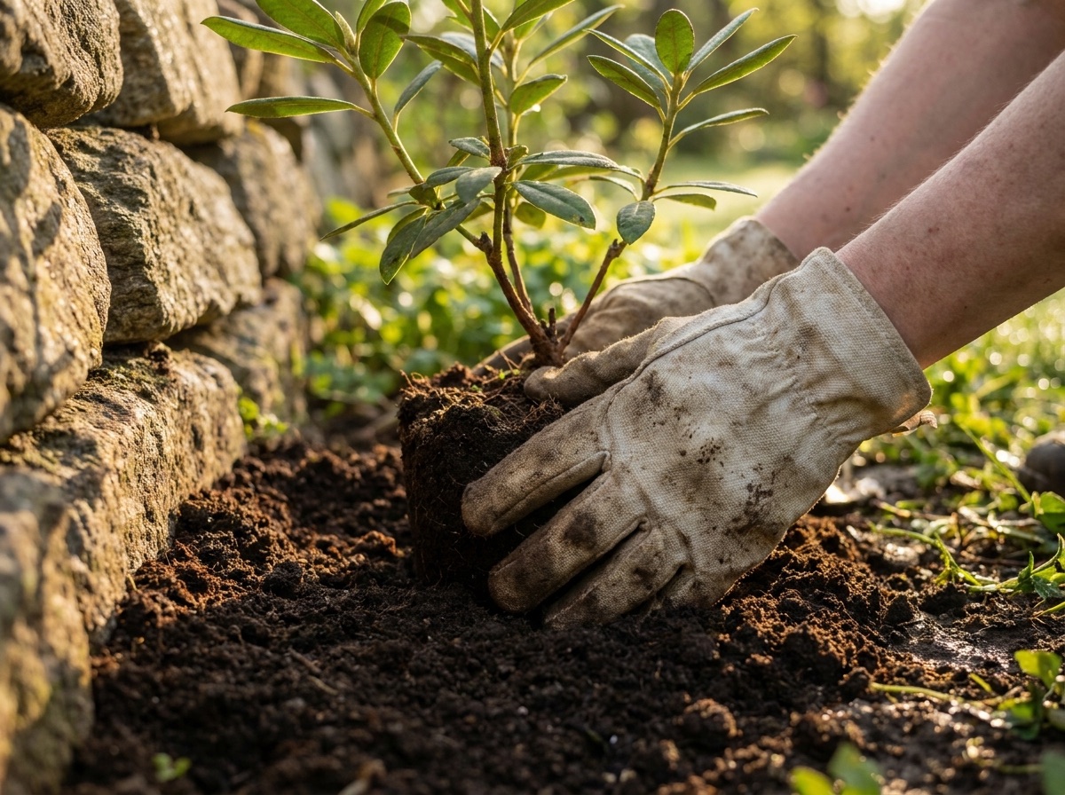 Gloved hands settling a young shrub into fresh soil beside a dry-stacked stone wall