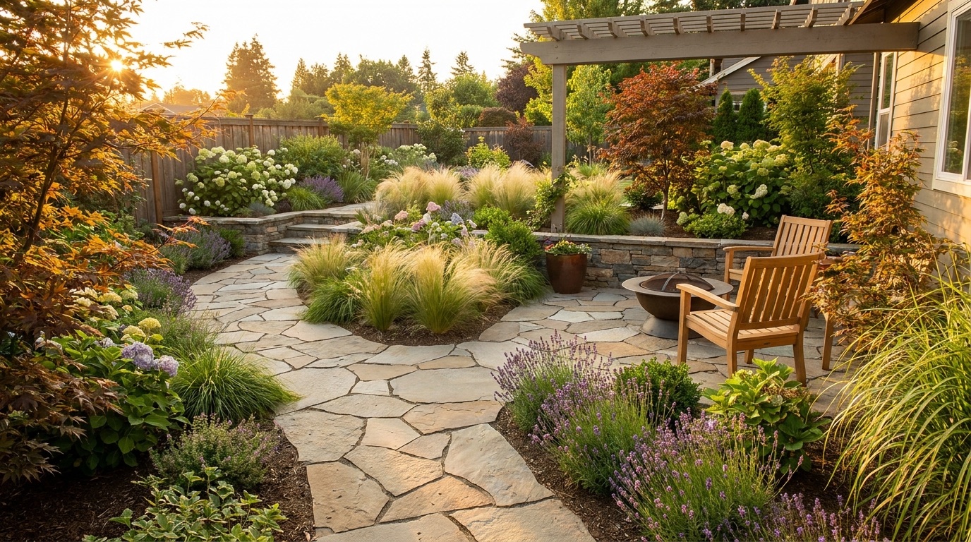 A flagstone path winding through grasses, lavender, and hydrangeas in a Pasadena backyard at golden hour